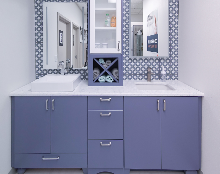 Blue bathroom vanity at kiba studios in Anchorage, AK